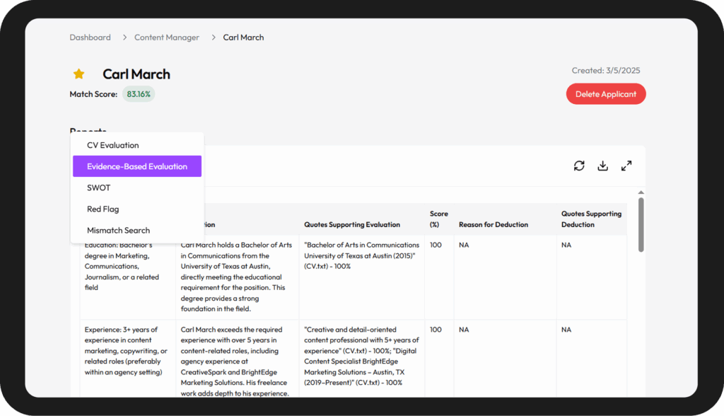 visual with the drop-down menu with evidence-based report highlighted