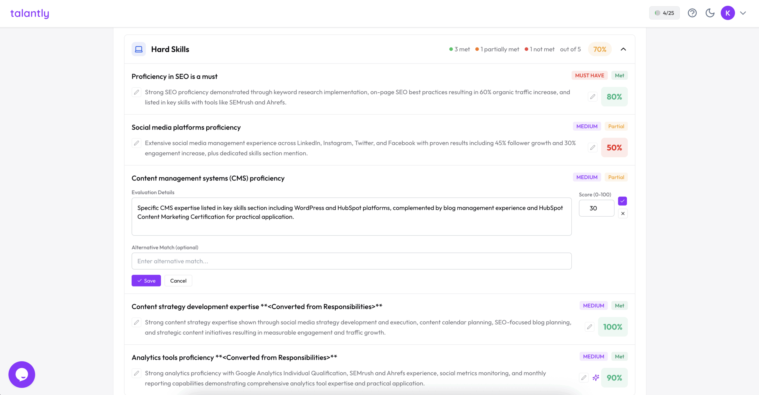 Edit evaluation during the process of applicant screening and evaluation
